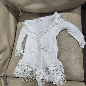 Dabawawa  Stretch Cream crochet Lace Accent Cardigan With Sparkle Threads Size S